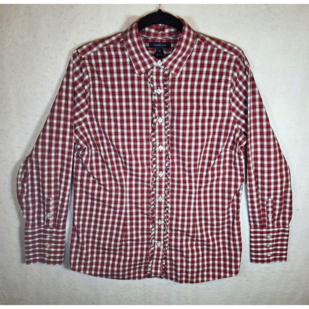 Lands' End Women's 12 Red/White Plaid Cotton Button-Up Ruffle Long Sleeve